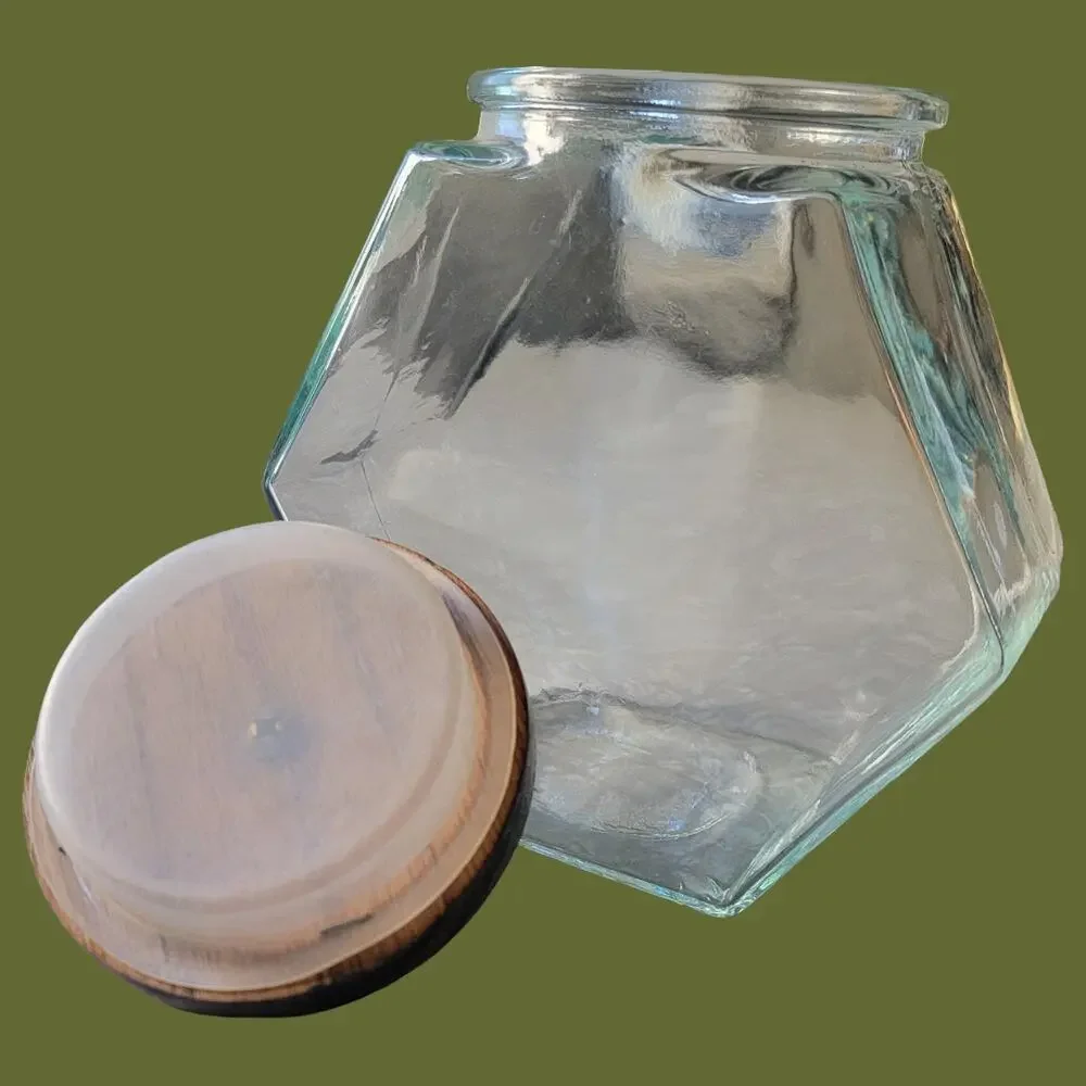 Vintage 1970s Libbey of Canada Hexagon Glass Storage Jar with Wood Lid